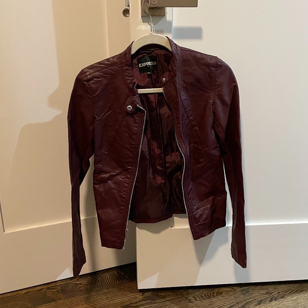 Express maroon faux leather jacket with silver zippers